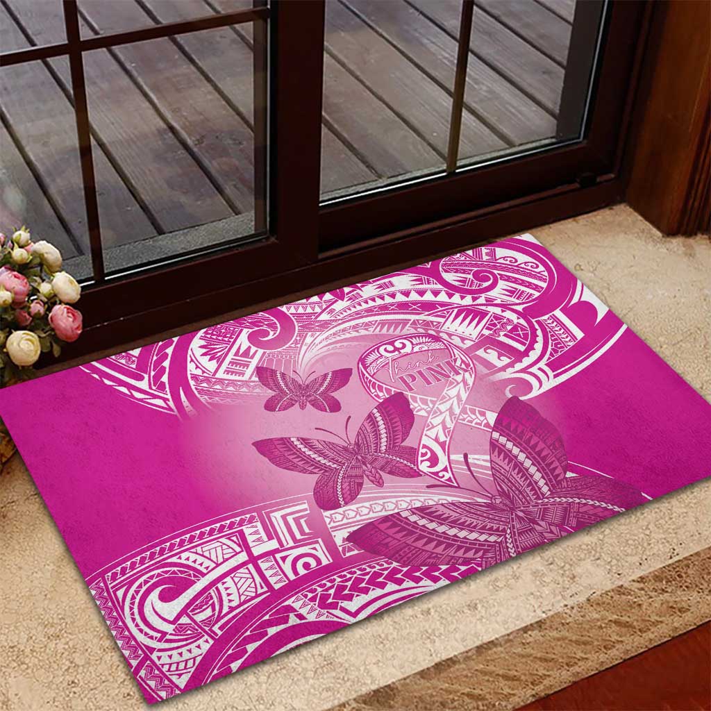 Polynesia Breast Cancer Awareness Rubber Doormat Think Pink Ribbon Polynesian Butterflies