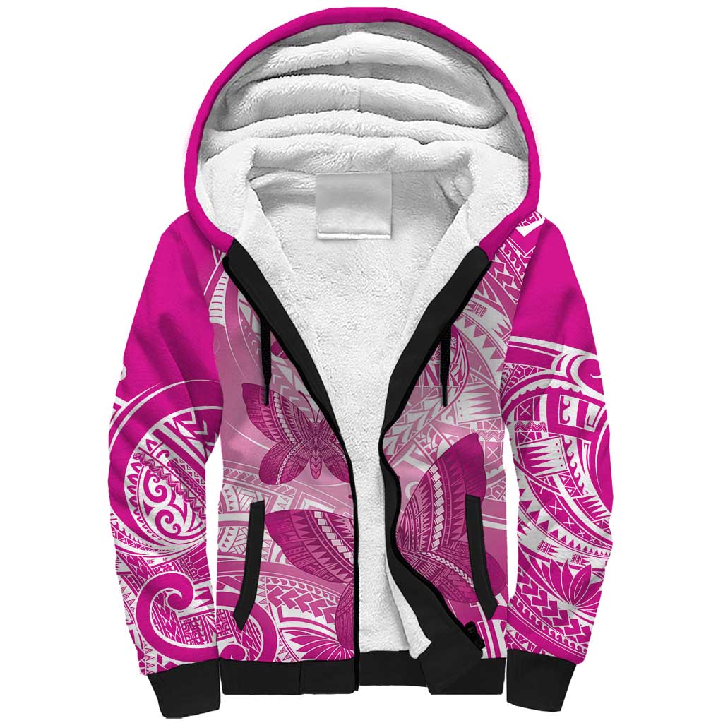Personalised Polynesia Breast Cancer Awareness Sherpa Hoodie Think Pink Ribbon Polynesian Butterflies LT14 Unisex Pink - Polynesian Pride