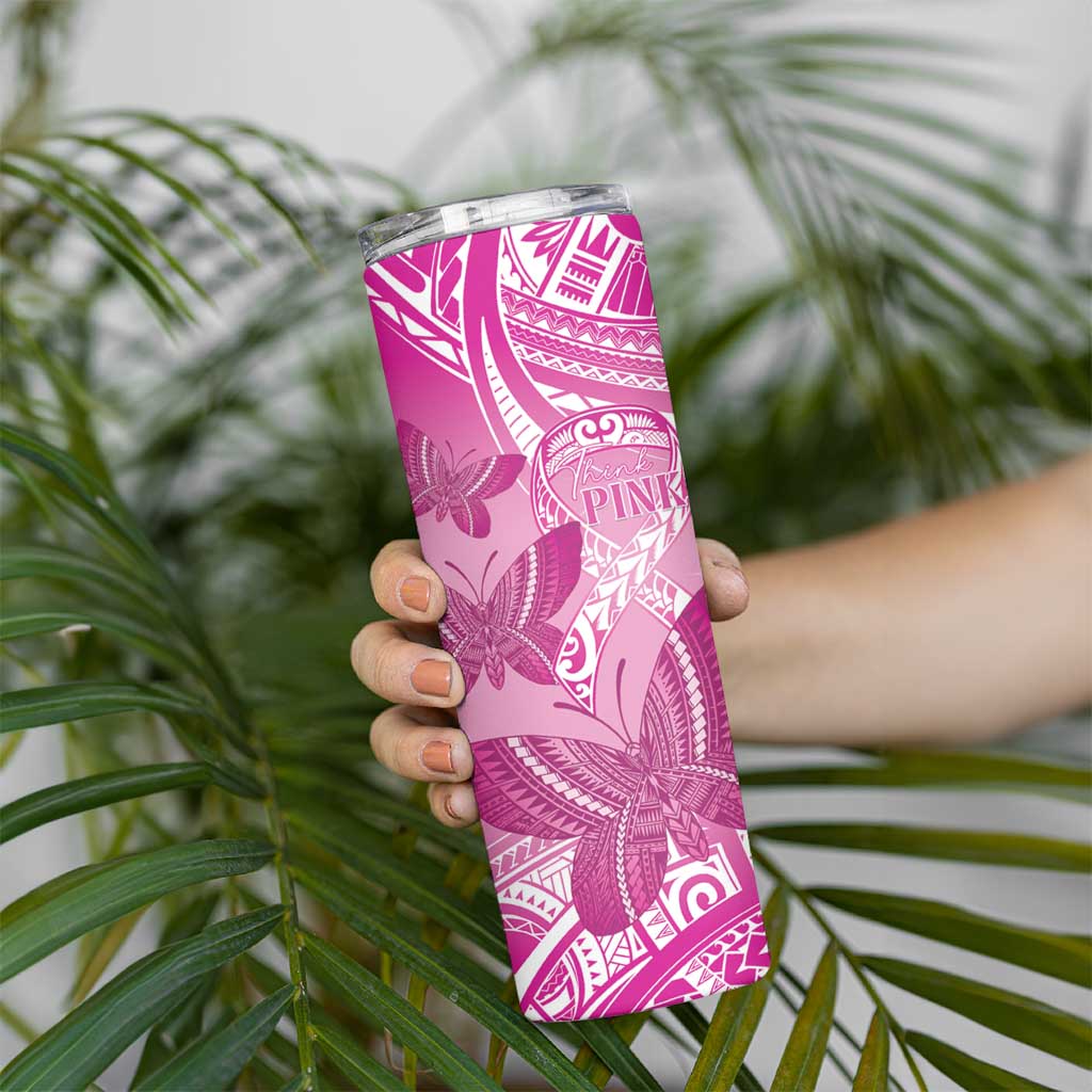 Personalised Polynesia Breast Cancer Awareness Skinny Tumbler Think Pink Ribbon Polynesian Butterflies