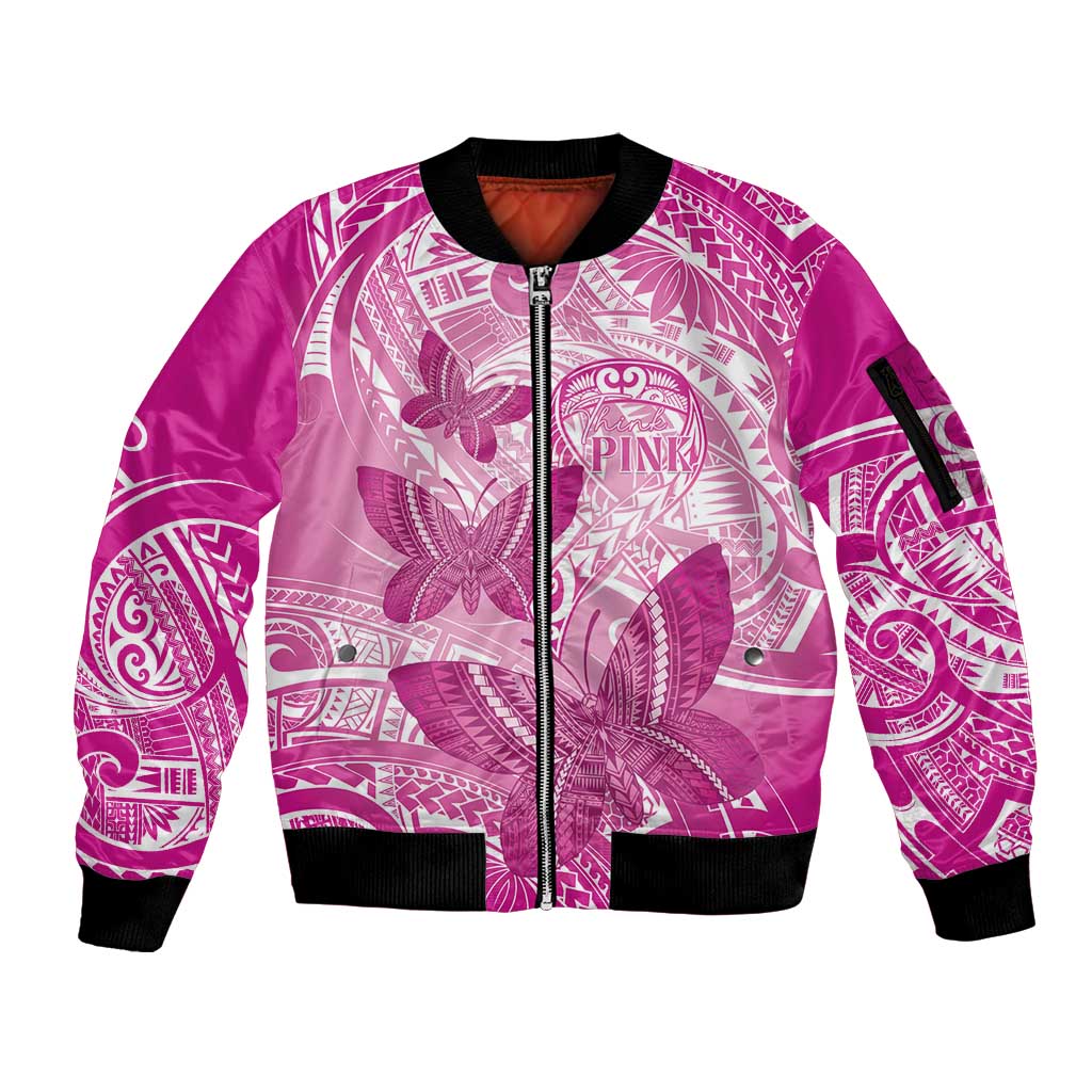 Personalised Polynesia Breast Cancer Awareness Sleeve Zip Bomber Jacket Think Pink Ribbon Polynesian Butterflies LT14 Unisex Pink - Polynesian Pride