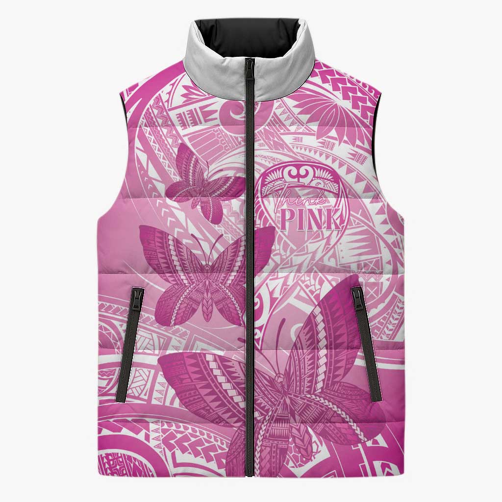 Personalised Polynesia Breast Cancer Awareness Sleeveless Puffer Jacket Think Pink Ribbon Polynesian Butterflies LT14 Unisex Pink - Polynesian Pride