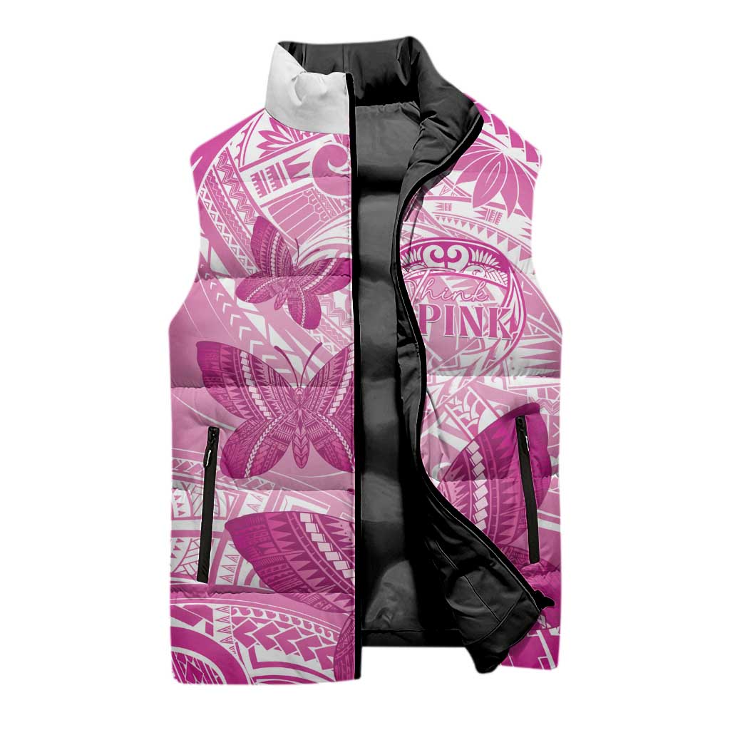 Personalised Polynesia Breast Cancer Awareness Sleeveless Puffer Jacket Think Pink Ribbon Polynesian Butterflies LT14 - Polynesian Pride