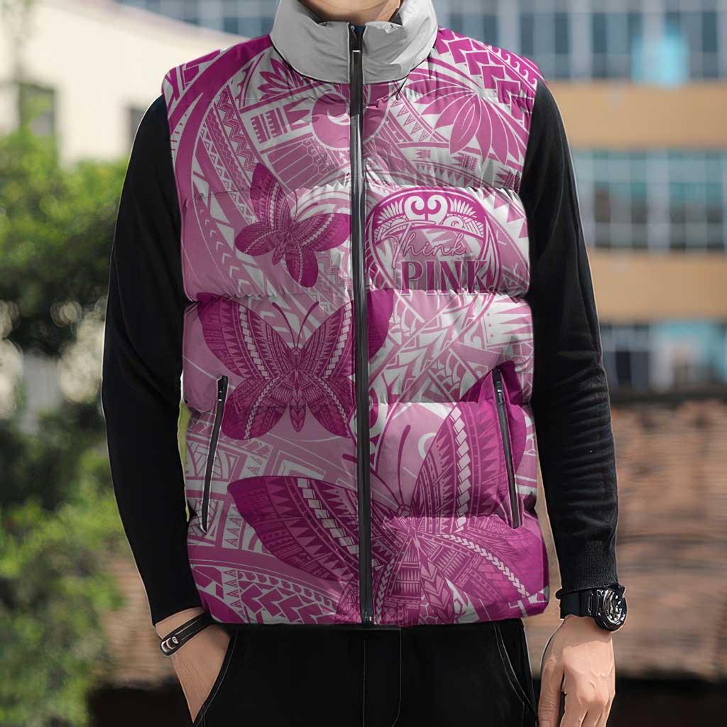 Personalised Polynesia Breast Cancer Awareness Sleeveless Puffer Jacket Think Pink Ribbon Polynesian Butterflies LT14 - Polynesian Pride