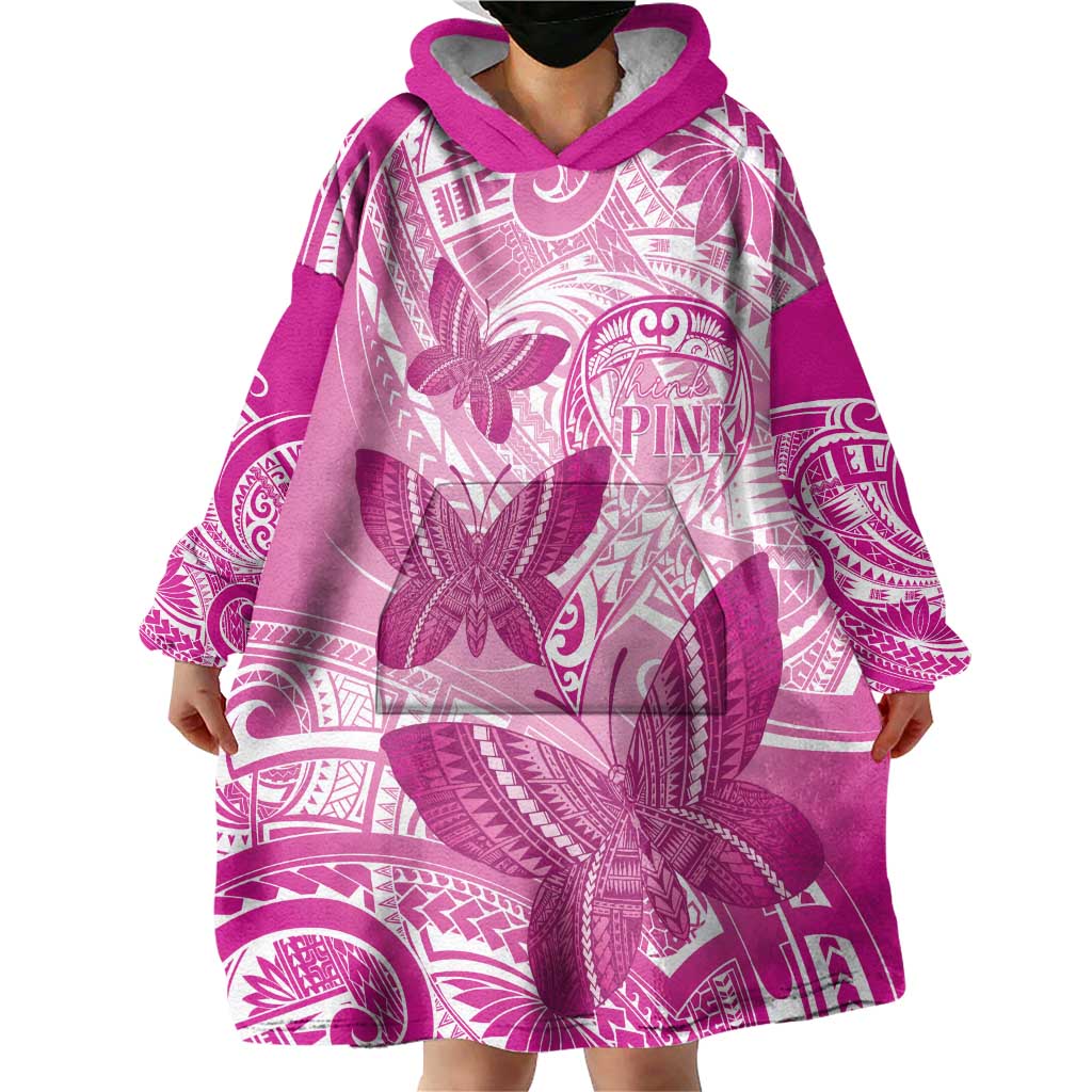 Personalised Polynesia Breast Cancer Awareness Wearable Blanket Hoodie Think Pink Ribbon Polynesian Butterflies LT14 - Polynesian Pride