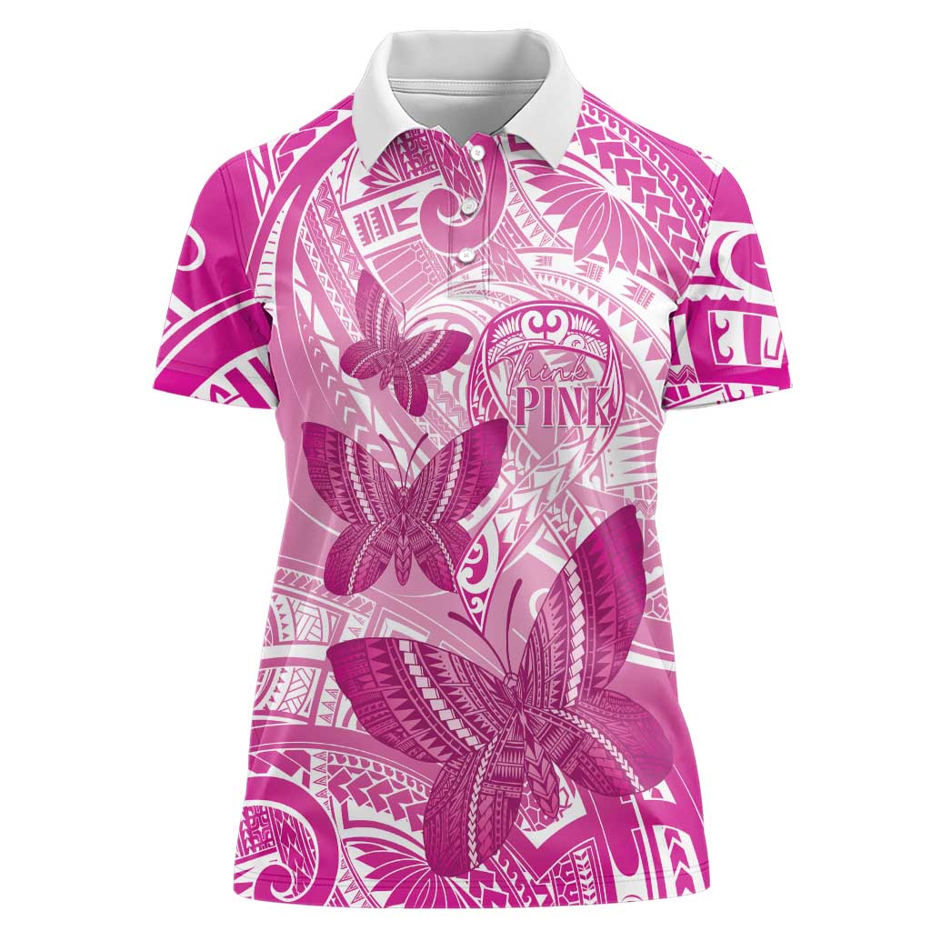 Personalised Polynesia Breast Cancer Awareness Women Polo Shirt Think Pink Ribbon Polynesian Butterflies