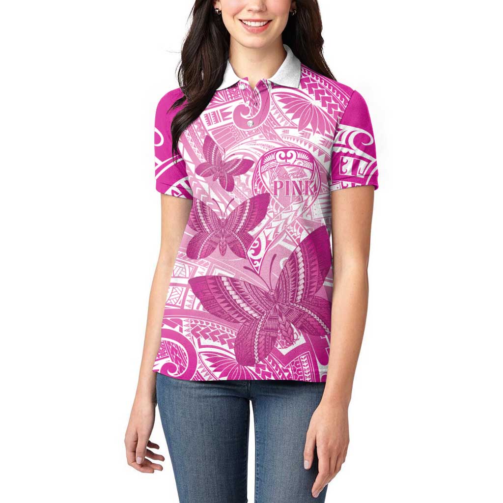 Personalised Polynesia Breast Cancer Awareness Women Polo Shirt Think Pink Ribbon Polynesian Butterflies