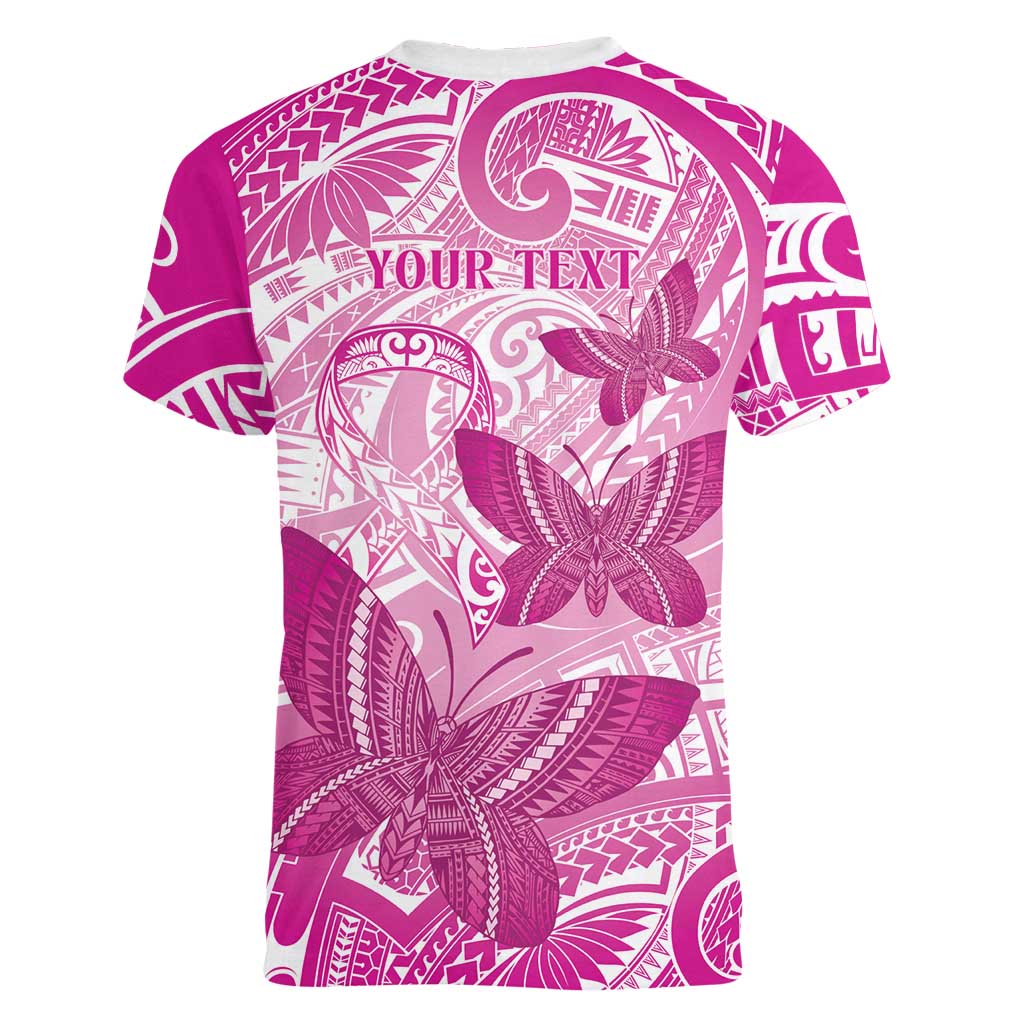 Personalised Polynesia Breast Cancer Awareness Women V-Neck T-Shirt Think Pink Ribbon Polynesian Butterflies