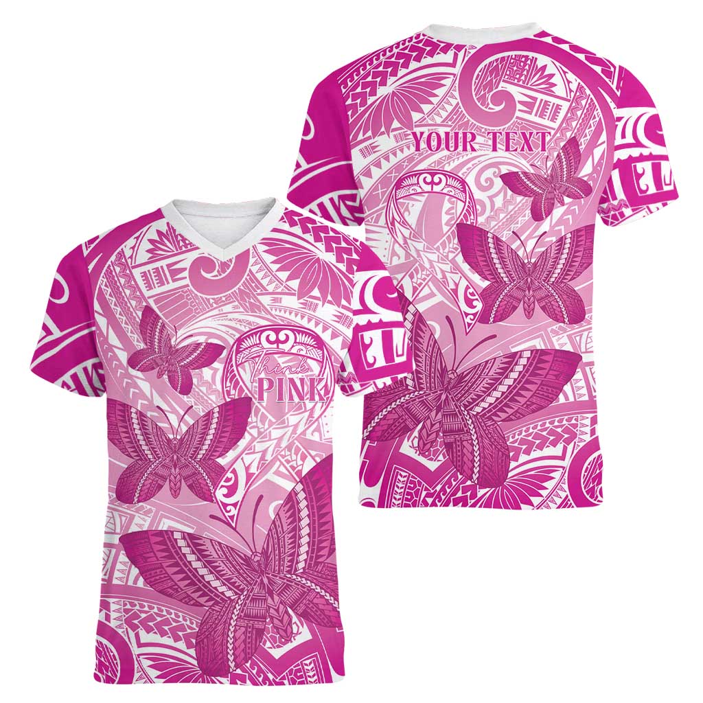Personalised Polynesia Breast Cancer Awareness Women V-Neck T-Shirt Think Pink Ribbon Polynesian Butterflies