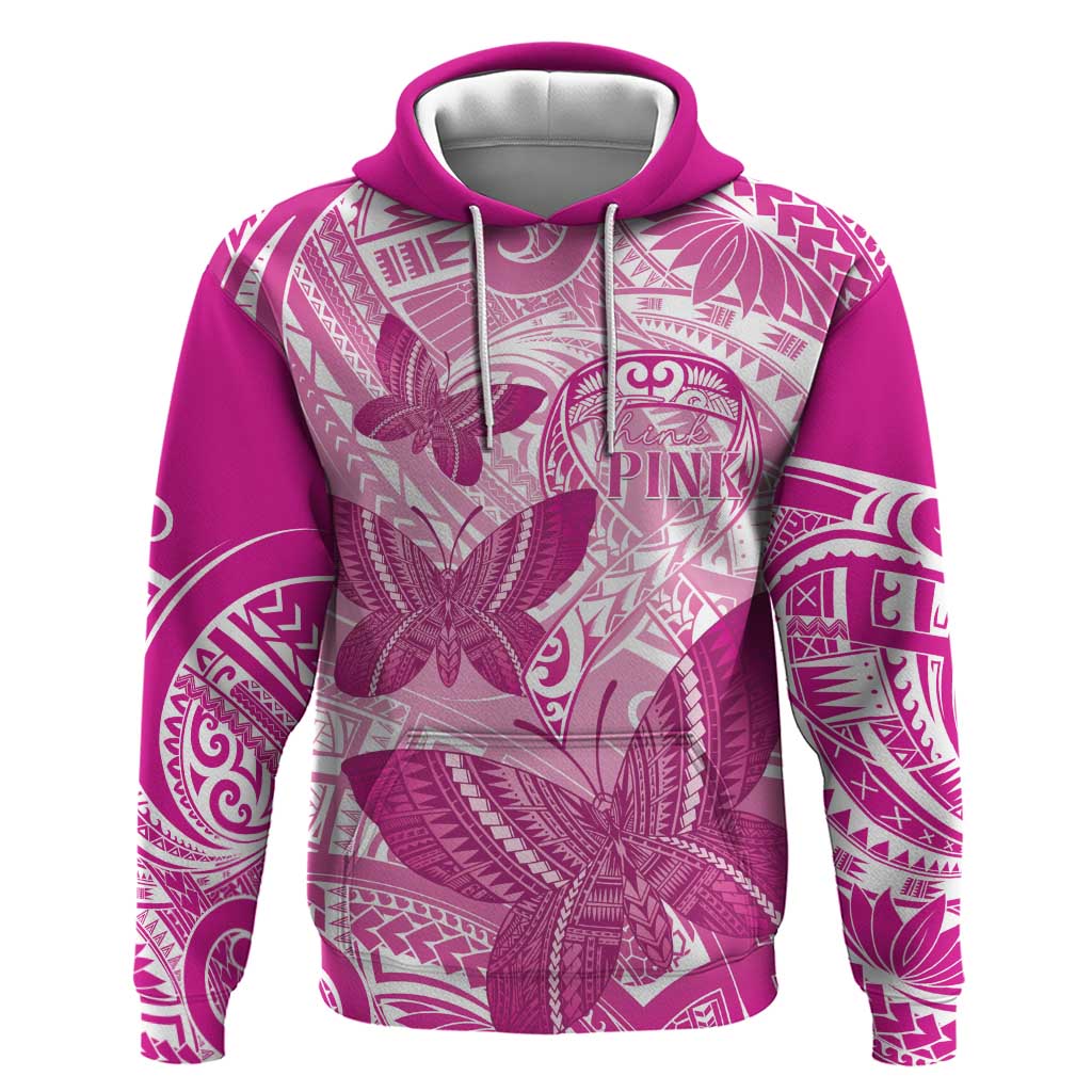 Personalised Polynesia Breast Cancer Awareness Zip Hoodie Think Pink Ribbon Polynesian Butterflies