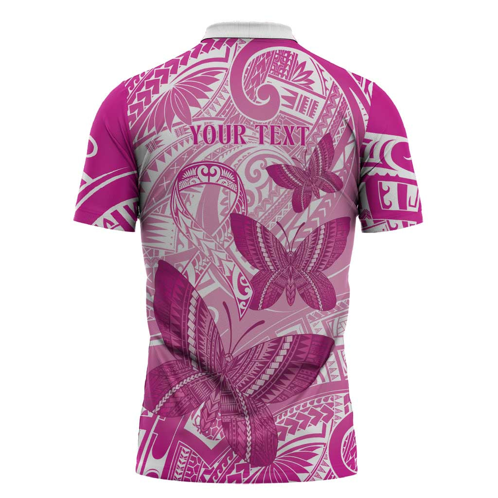 Personalised Polynesia Breast Cancer Awareness Zipper Polo Shirt Think Pink Ribbon Polynesian Butterflies LT14 - Polynesian Pride