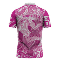 Personalised Polynesia Breast Cancer Awareness Zipper Polo Shirt Think Pink Ribbon Polynesian Butterflies LT14 - Polynesian Pride