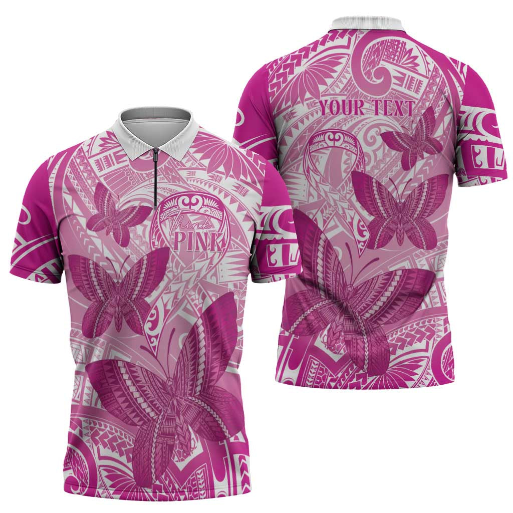 Personalised Polynesia Breast Cancer Awareness Zipper Polo Shirt Think Pink Ribbon Polynesian Butterflies LT14 - Polynesian Pride