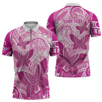 Personalised Polynesia Breast Cancer Awareness Zipper Polo Shirt Think Pink Ribbon Polynesian Butterflies LT14 - Polynesian Pride