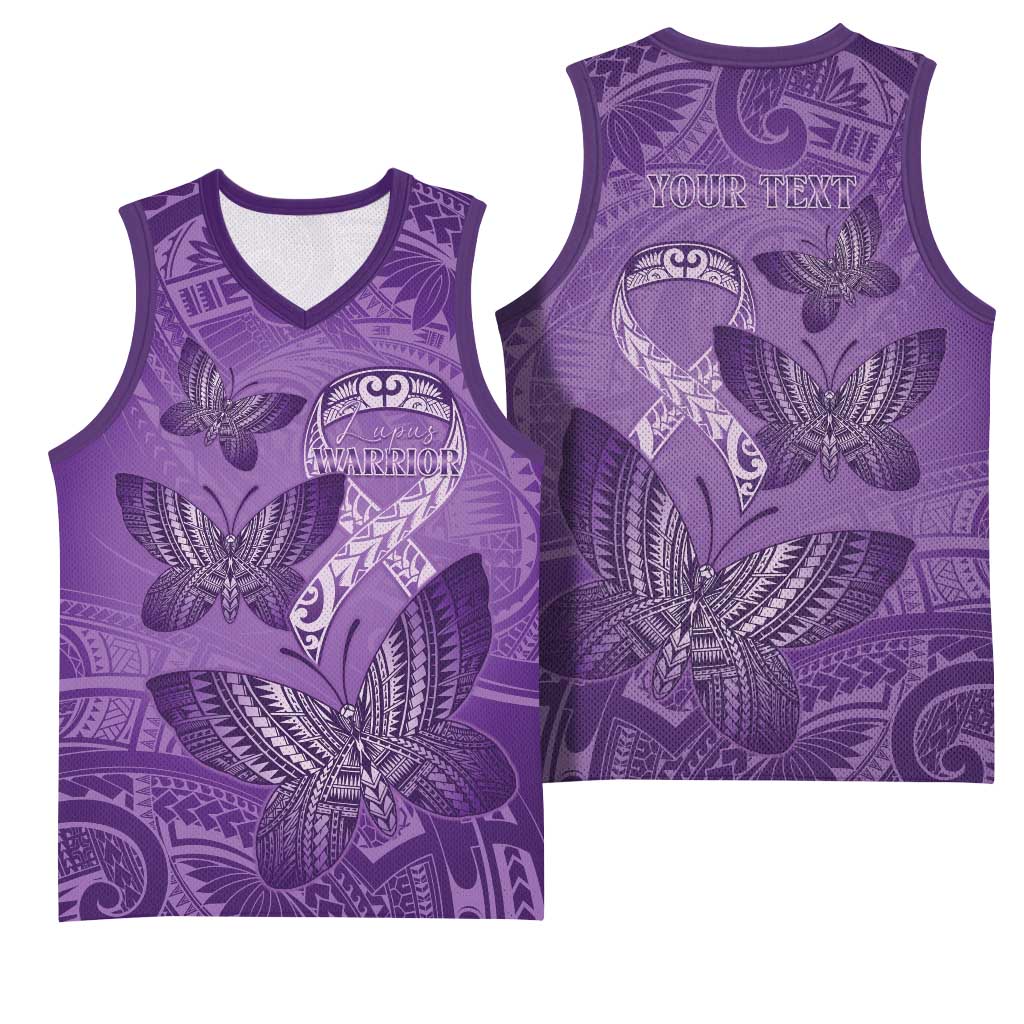 Personalised Polynesia Lupus Awareness Month Basketball Jersey Warrior Purple Ribbon Polynesian Butterflies LT14 - Polynesian Pride