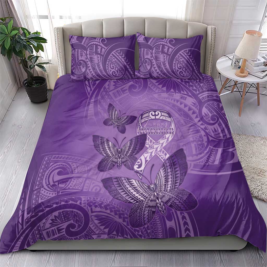 Polynesia Lupus Awareness Month Bedding Set Warrior Purple Ribbon Polynesian Butterflies