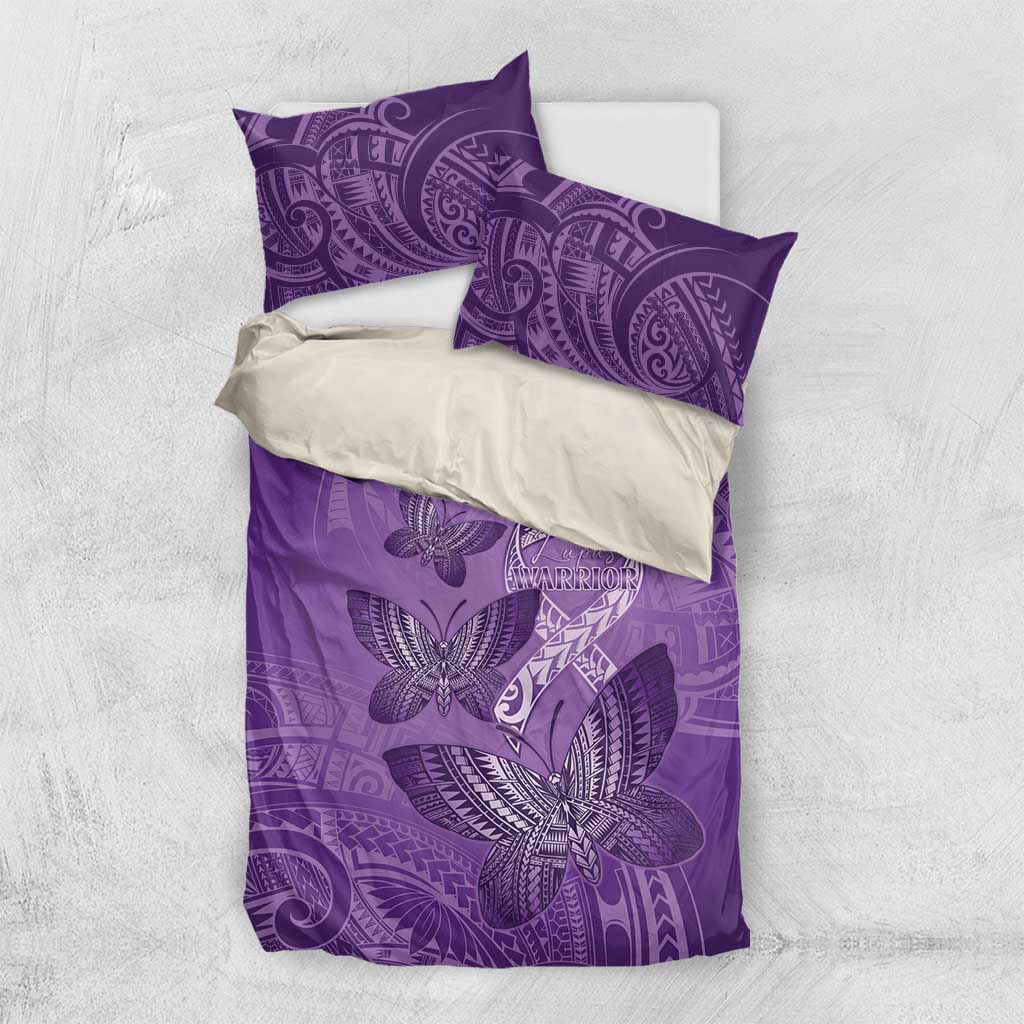 Polynesia Lupus Awareness Month Bedding Set Warrior Purple Ribbon Polynesian Butterflies