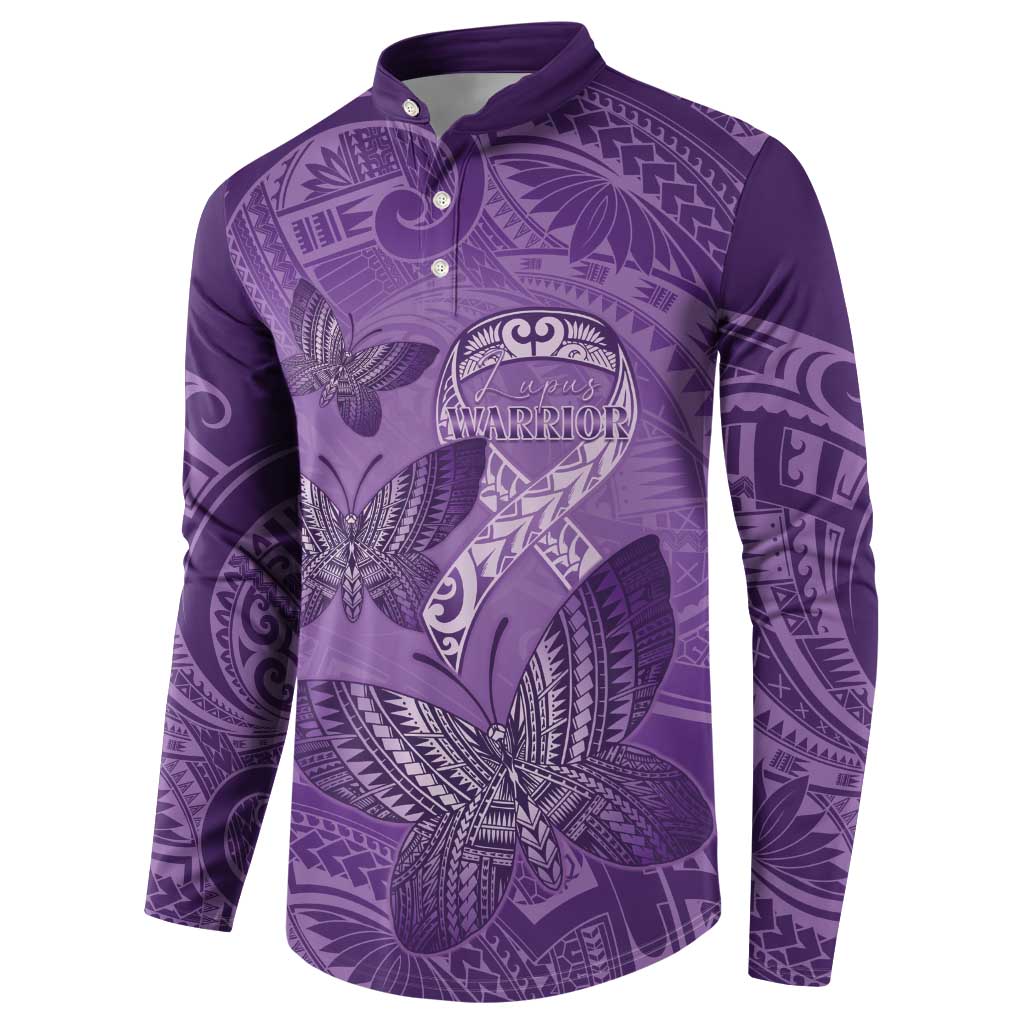Personalised Polynesia Lupus Awareness Month Button Sweatshirt Warrior Purple Ribbon Polynesian Butterflies