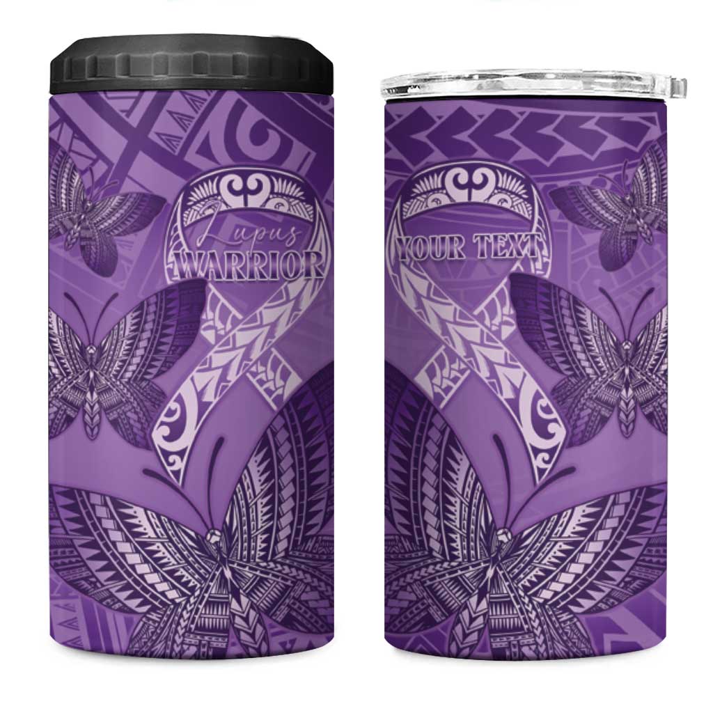 Personalised Polynesia Lupus Awareness Month 4 in 1 Can Cooler Tumbler Warrior Purple Ribbon Polynesian Butterflies