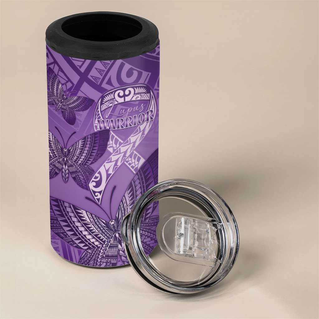 Personalised Polynesia Lupus Awareness Month 4 in 1 Can Cooler Tumbler Warrior Purple Ribbon Polynesian Butterflies