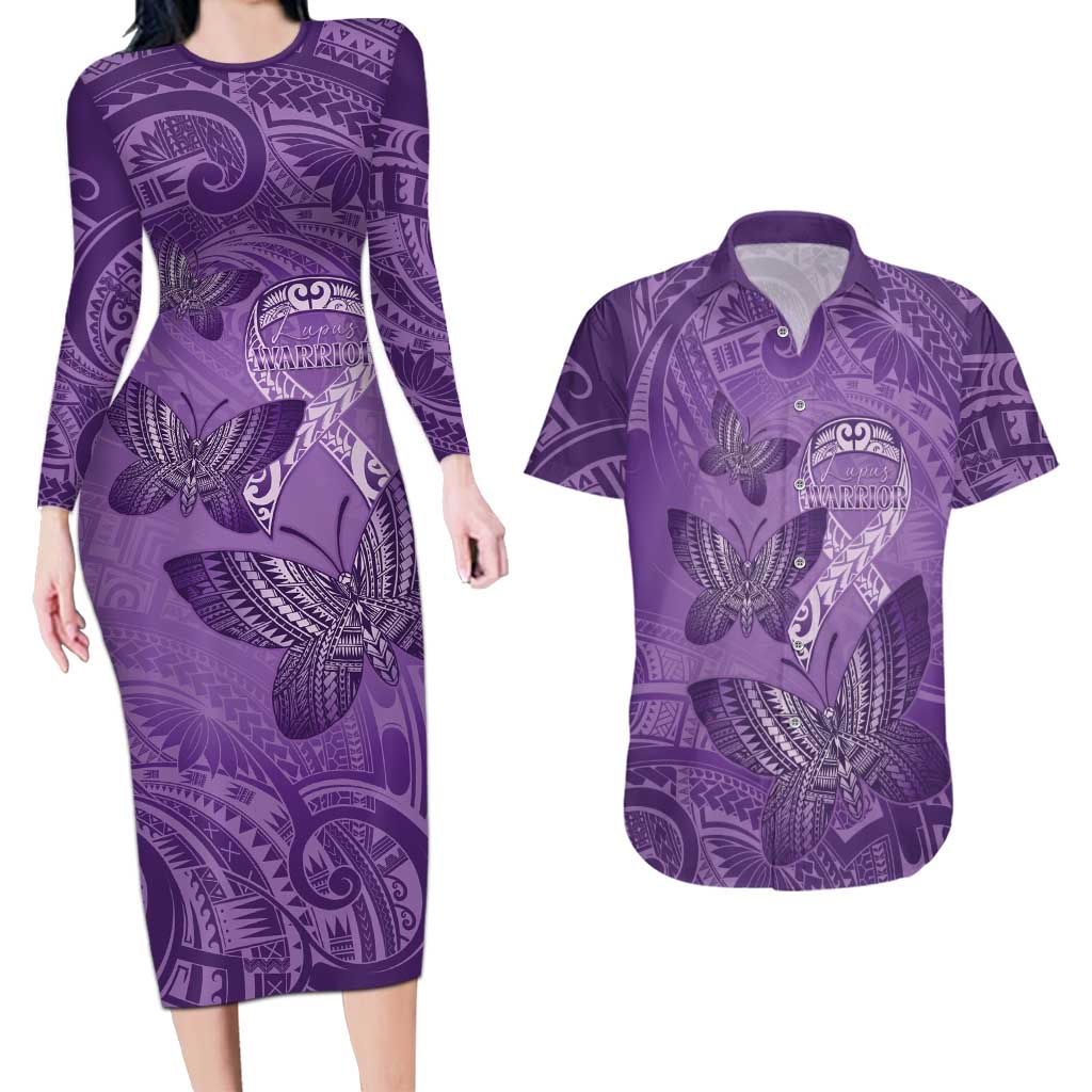 Personalised Polynesia Lupus Awareness Month Couples Matching Long Sleeve Bodycon Dress and Hawaiian Shirt Warrior Purple Ribbon Polynesian Butterflies