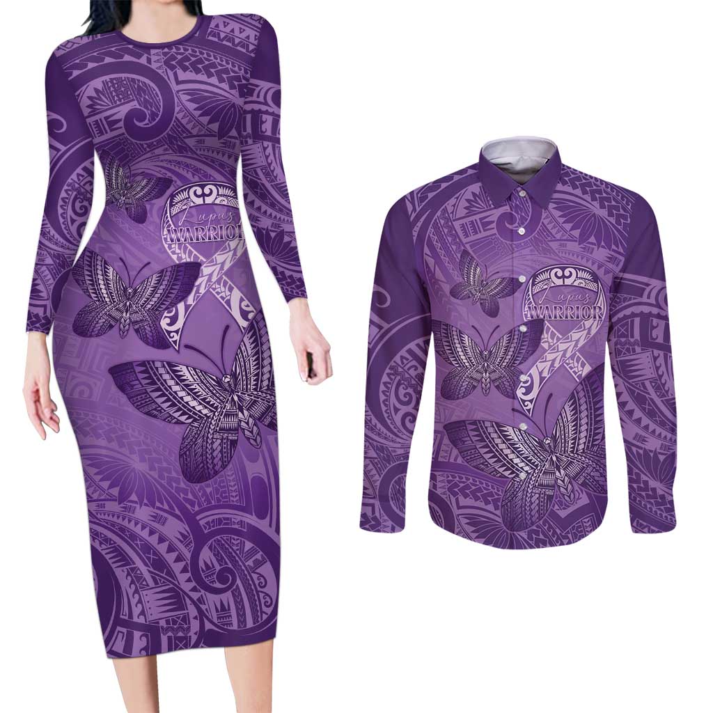 Personalised Polynesia Lupus Awareness Month Couples Matching Long Sleeve Bodycon Dress and Long Sleeve Button Shirt Warrior Purple Ribbon Polynesian Butterflies