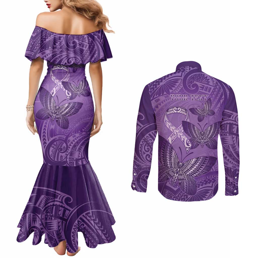 Personalised Polynesia Lupus Awareness Month Couples Matching Mermaid Dress and Long Sleeve Button Shirt Warrior Purple Ribbon Polynesian Butterflies