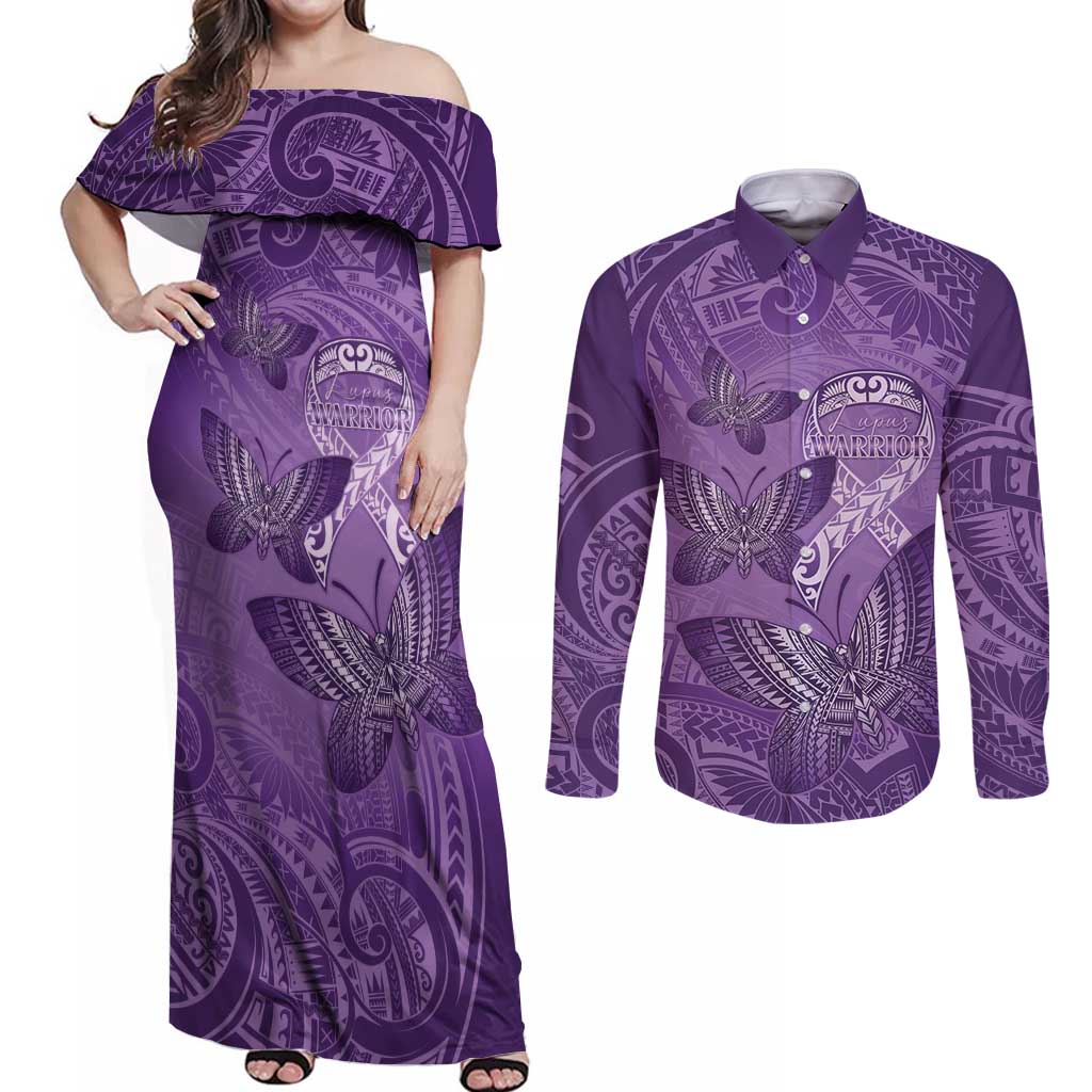 Personalised Polynesia Lupus Awareness Month Couples Matching Off Shoulder Maxi Dress and Long Sleeve Button Shirt Warrior Purple Ribbon Polynesian Butterflies