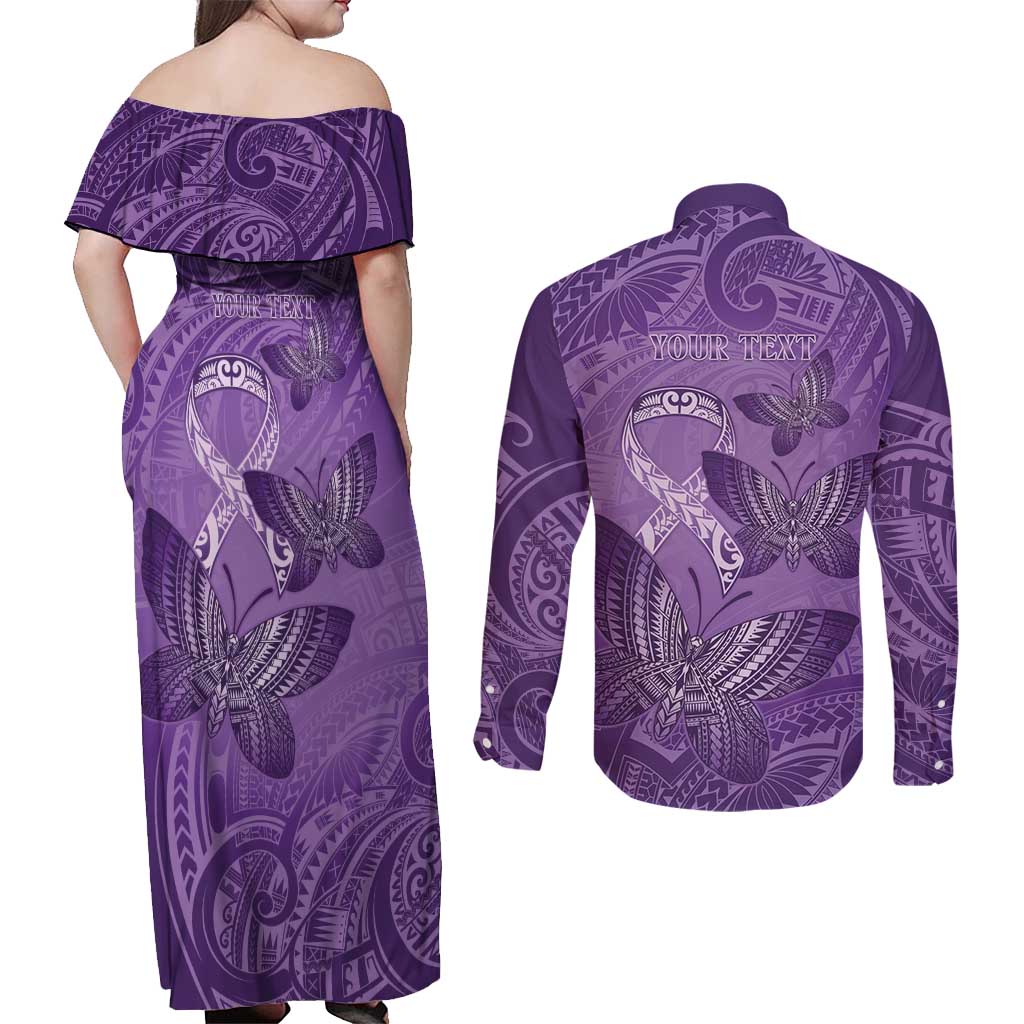 Personalised Polynesia Lupus Awareness Month Couples Matching Off Shoulder Maxi Dress and Long Sleeve Button Shirt Warrior Purple Ribbon Polynesian Butterflies