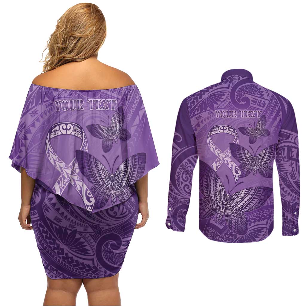 Personalised Polynesia Lupus Awareness Month Couples Matching Off Shoulder Short Dress and Long Sleeve Button Shirt Warrior Purple Ribbon Polynesian Butterflies