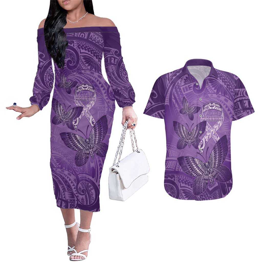 Personalised Polynesia Lupus Awareness Month Couples Matching Off The Shoulder Long Sleeve Dress and Hawaiian Shirt Warrior Purple Ribbon Polynesian Butterflies