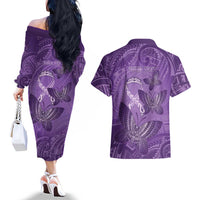 Personalised Polynesia Lupus Awareness Month Couples Matching Off The Shoulder Long Sleeve Dress and Hawaiian Shirt Warrior Purple Ribbon Polynesian Butterflies
