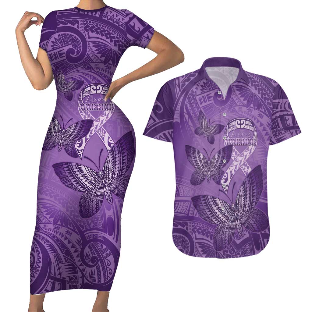 Personalised Polynesia Lupus Awareness Month Couples Matching Short Sleeve Bodycon Dress and Hawaiian Shirt Warrior Purple Ribbon Polynesian Butterflies