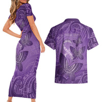 Personalised Polynesia Lupus Awareness Month Couples Matching Short Sleeve Bodycon Dress and Hawaiian Shirt Warrior Purple Ribbon Polynesian Butterflies