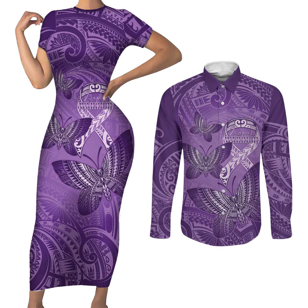 Personalised Polynesia Lupus Awareness Month Couples Matching Short Sleeve Bodycon Dress and Long Sleeve Button Shirt Warrior Purple Ribbon Polynesian Butterflies