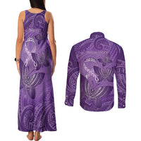 Personalised Polynesia Lupus Awareness Month Couples Matching Tank Maxi Dress and Long Sleeve Button Shirt Warrior Purple Ribbon Polynesian Butterflies