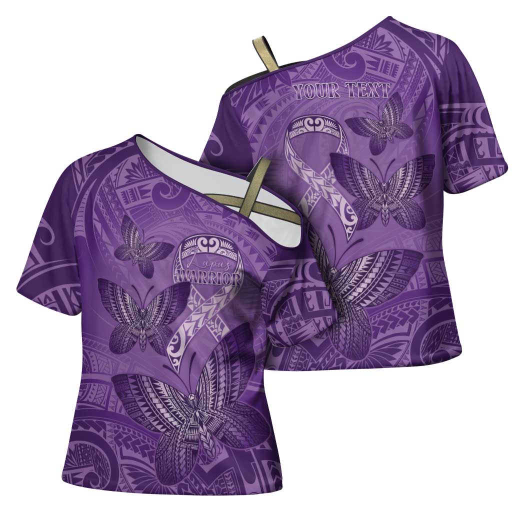 Personalised Polynesia Lupus Awareness Month Cross Shoulder Shirt Warrior Purple Ribbon Polynesian Butterflies LT14 - Polynesian Pride