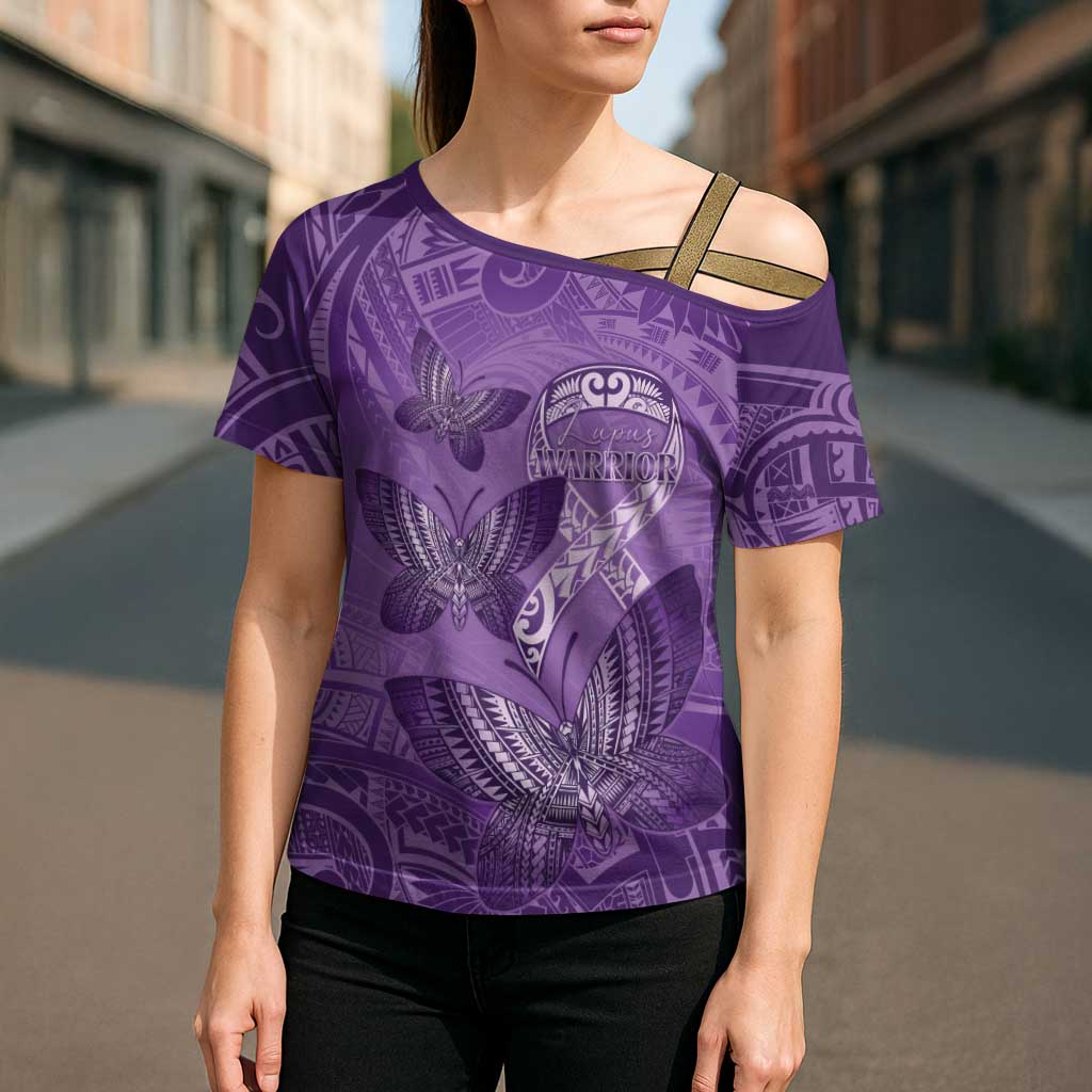 Personalised Polynesia Lupus Awareness Month Cross Shoulder Shirt Warrior Purple Ribbon Polynesian Butterflies LT14 - Polynesian Pride