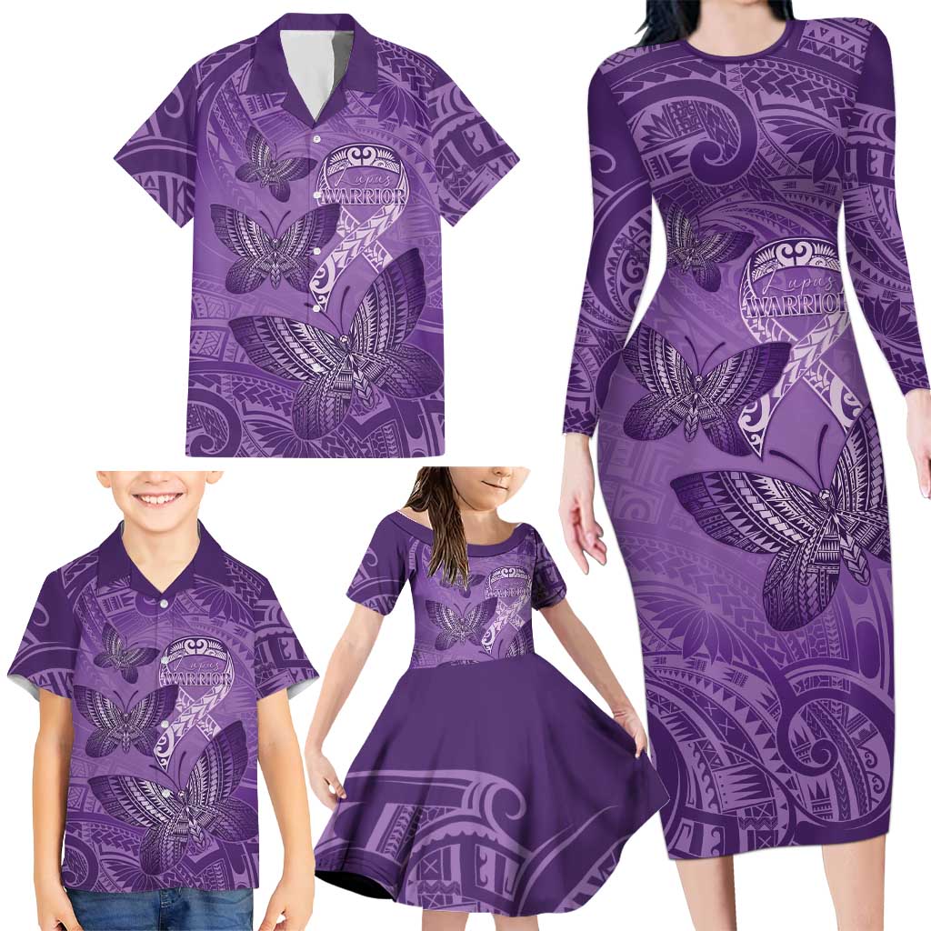 Personalised Polynesia Lupus Awareness Month Family Matching Long Sleeve Bodycon Dress and Hawaiian Shirt Warrior Purple Ribbon Polynesian Butterflies