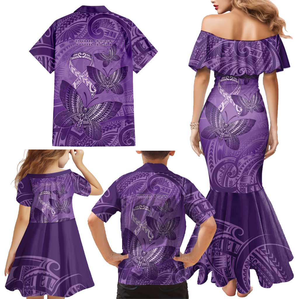 Personalised Polynesia Lupus Awareness Month Family Matching Mermaid Dress and Hawaiian Shirt Warrior Purple Ribbon Polynesian Butterflies