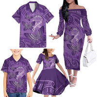 Personalised Polynesia Lupus Awareness Month Family Matching Off The Shoulder Long Sleeve Dress and Hawaiian Shirt Warrior Purple Ribbon Polynesian Butterflies