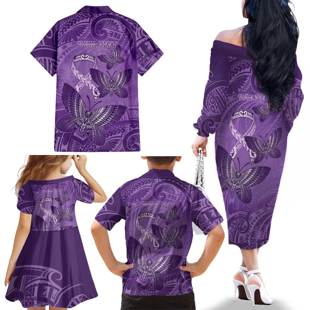 Personalised Polynesia Lupus Awareness Month Family Matching Off The Shoulder Long Sleeve Dress and Hawaiian Shirt Warrior Purple Ribbon Polynesian Butterflies