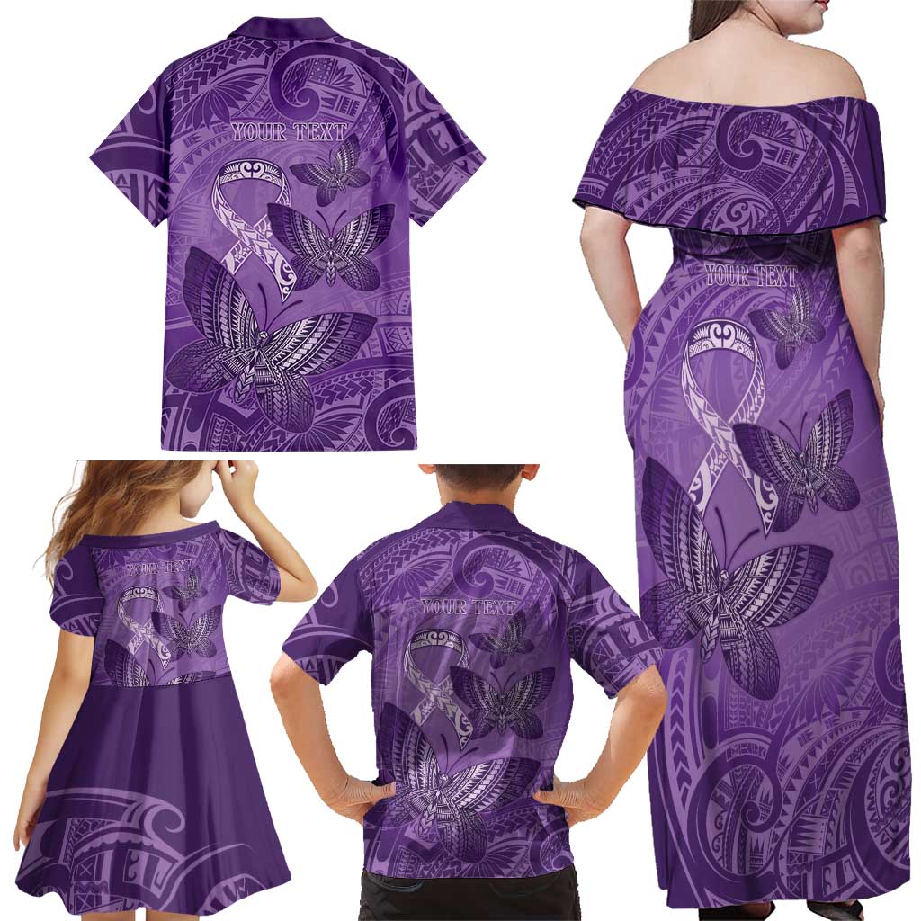 Personalised Polynesia Lupus Awareness Month Family Matching Off Shoulder Maxi Dress and Hawaiian Shirt Warrior Purple Ribbon Polynesian Butterflies