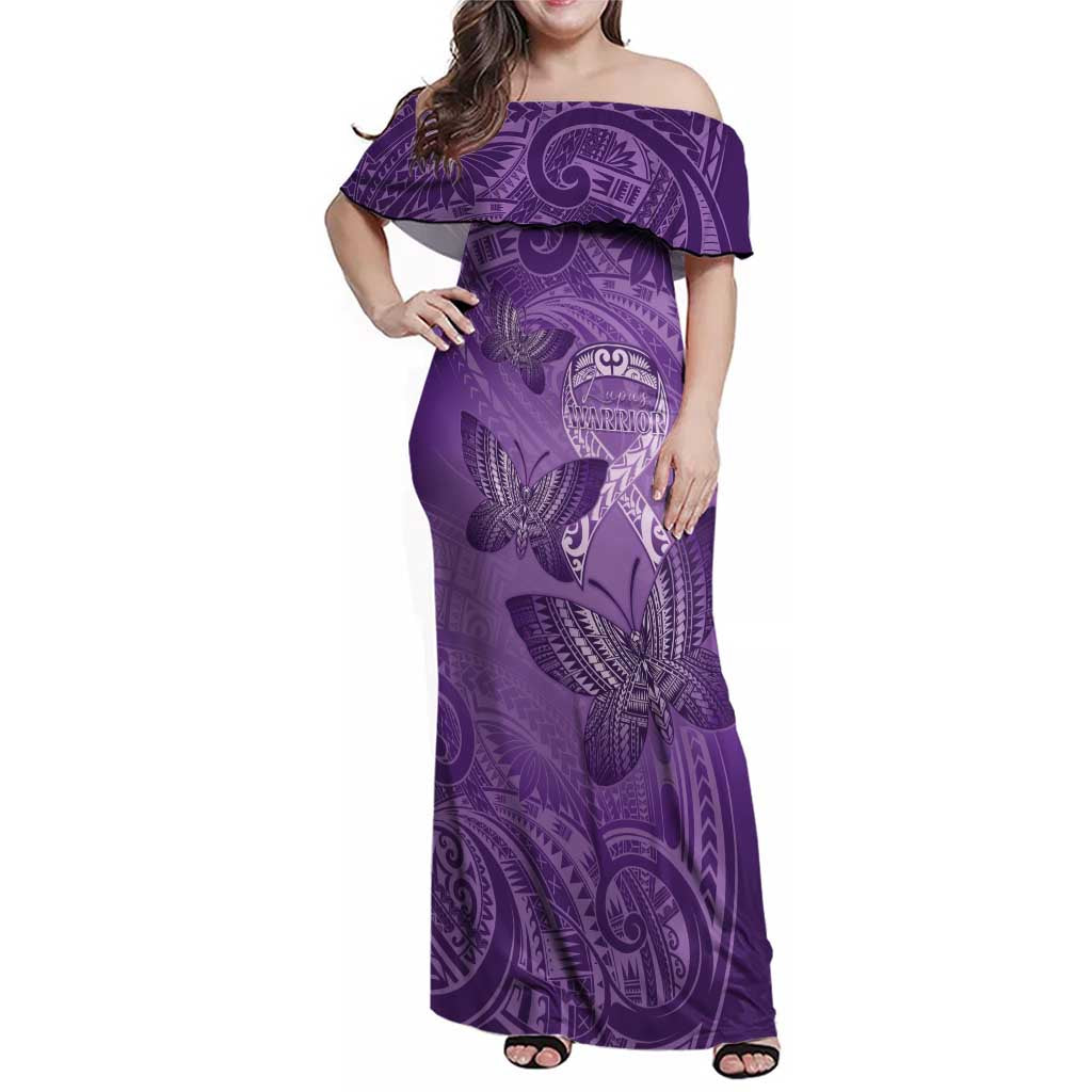 Personalised Polynesia Lupus Awareness Month Family Matching Off Shoulder Maxi Dress and Hawaiian Shirt Warrior Purple Ribbon Polynesian Butterflies