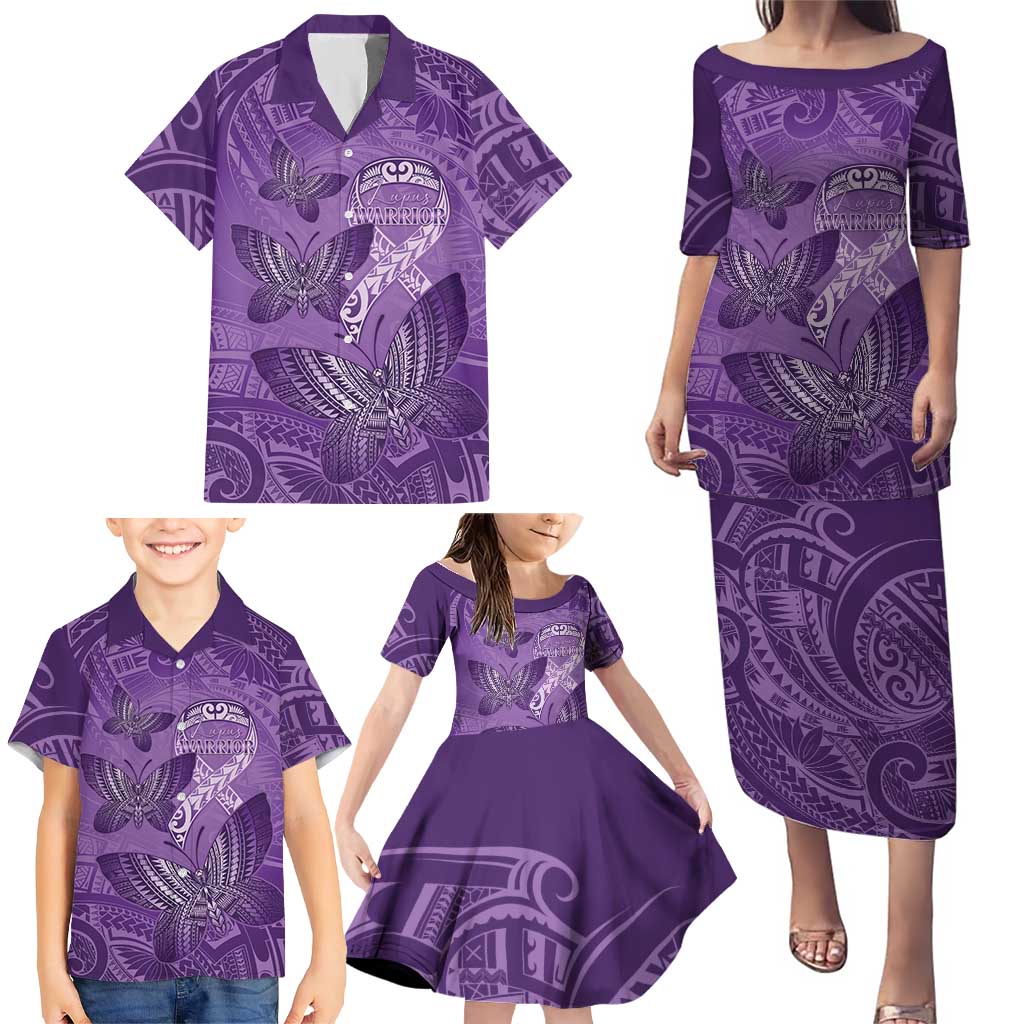 Personalised Polynesia Lupus Awareness Month Family Matching Puletasi and Hawaiian Shirt Warrior Purple Ribbon Polynesian Butterflies LT14 - Polynesian Pride