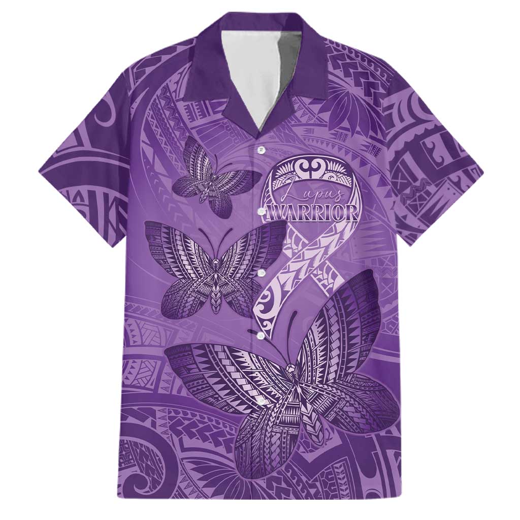 Personalised Polynesia Lupus Awareness Month Family Matching Puletasi and Hawaiian Shirt Warrior Purple Ribbon Polynesian Butterflies LT14 Dad's Shirt - Short Sleeve Purple - Polynesian Pride