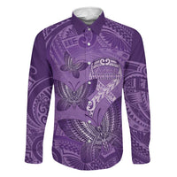 Personalised Polynesia Lupus Awareness Month Family Matching Puletasi and Hawaiian Shirt Warrior Purple Ribbon Polynesian Butterflies LT14 Dad's Shirt - Long Sleeve Purple - Polynesian Pride