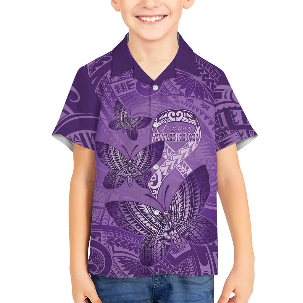 Personalised Polynesia Lupus Awareness Month Family Matching Puletasi and Hawaiian Shirt Warrior Purple Ribbon Polynesian Butterflies LT14 Son's Shirt Purple - Polynesian Pride