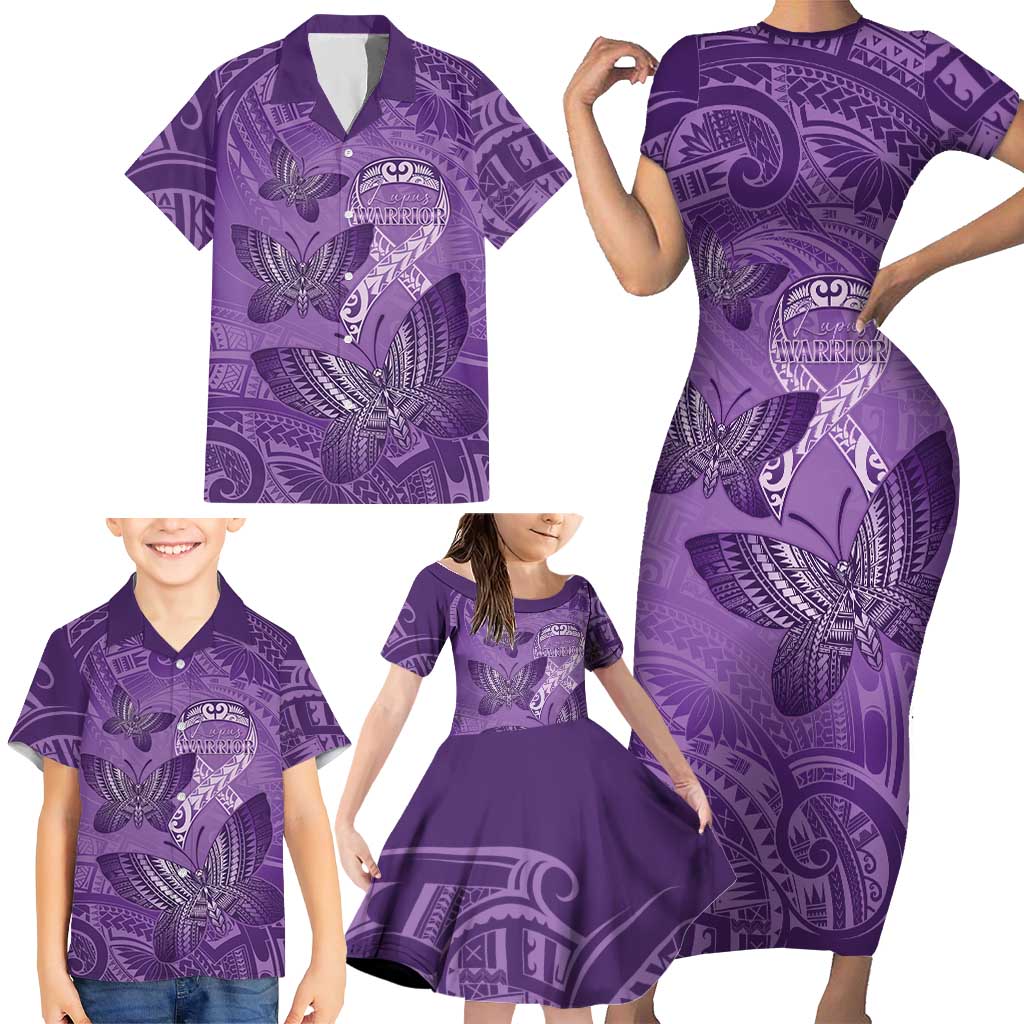 Personalised Polynesia Lupus Awareness Month Family Matching Short Sleeve Bodycon Dress and Hawaiian Shirt Warrior Purple Ribbon Polynesian Butterflies LT14 - Polynesian Pride