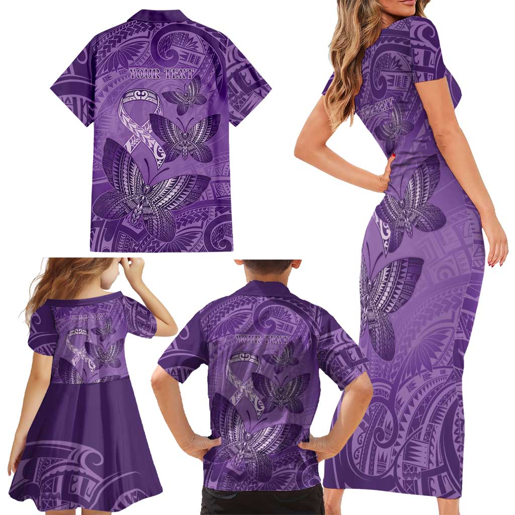 Personalised Polynesia Lupus Awareness Month Family Matching Short Sleeve Bodycon Dress and Hawaiian Shirt Warrior Purple Ribbon Polynesian Butterflies LT14 - Polynesian Pride