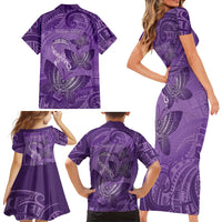 Personalised Polynesia Lupus Awareness Month Family Matching Short Sleeve Bodycon Dress and Hawaiian Shirt Warrior Purple Ribbon Polynesian Butterflies LT14 - Polynesian Pride